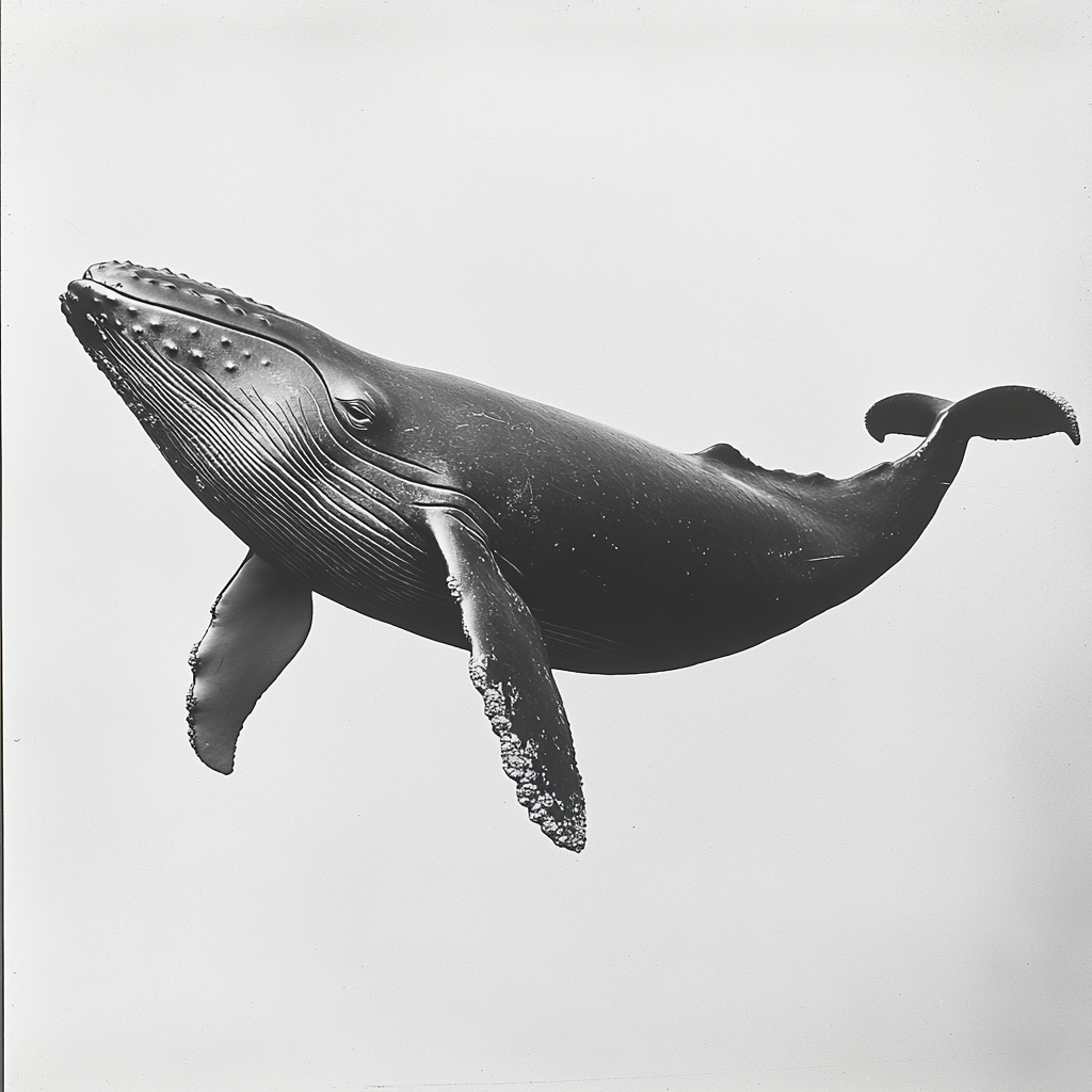 Vintage photo of smiling whale with tail visible.