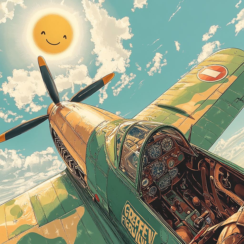 Vintage plane in sky with whimsical sun.