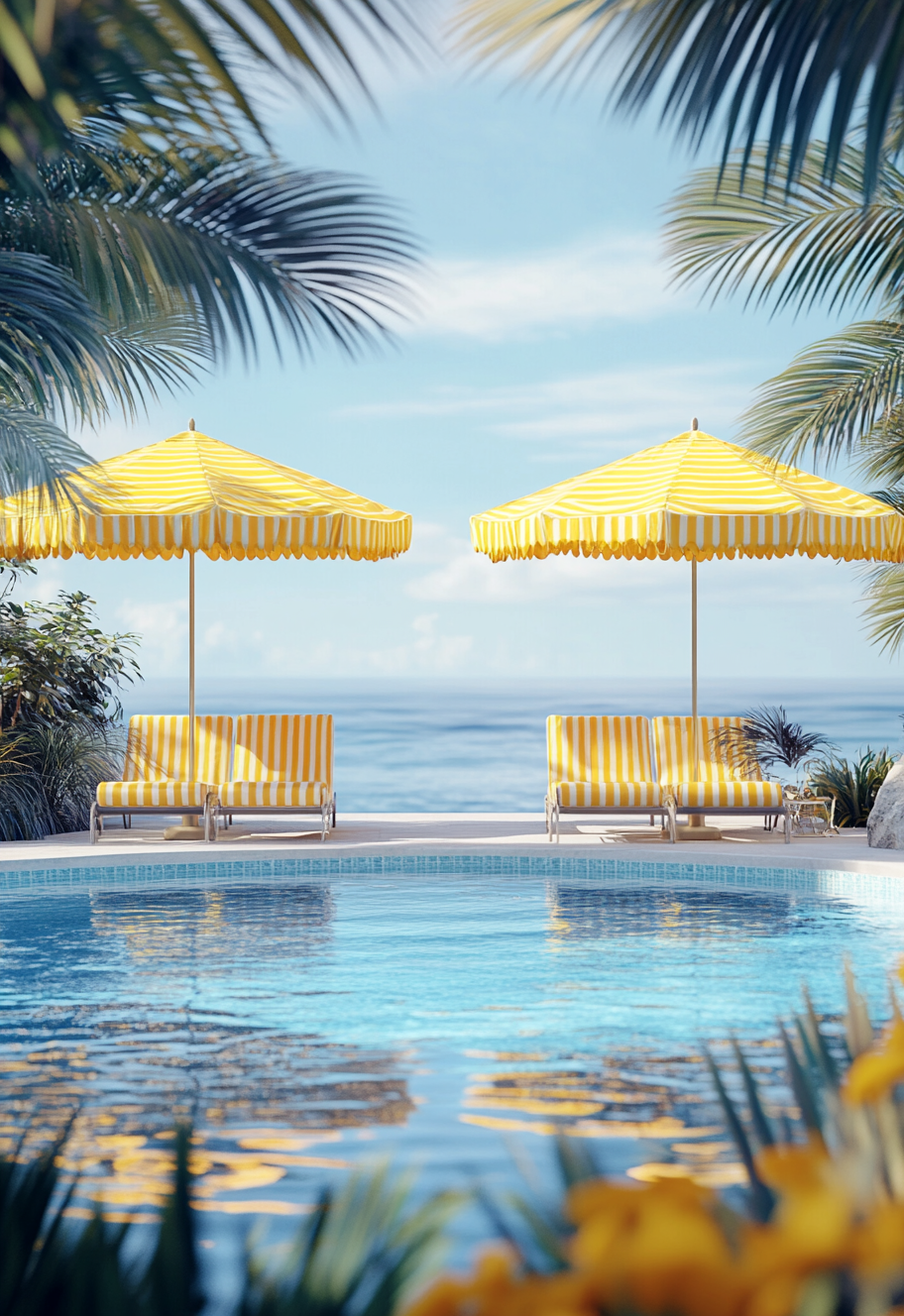 Vintage poolside scene with yellow umbrellas and ocean view.