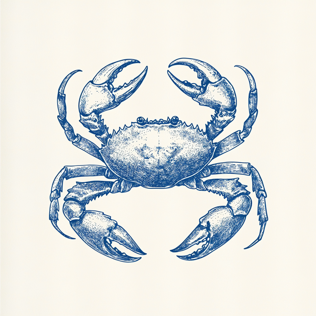 Vintage postcard style illustration of crab in blue ink.