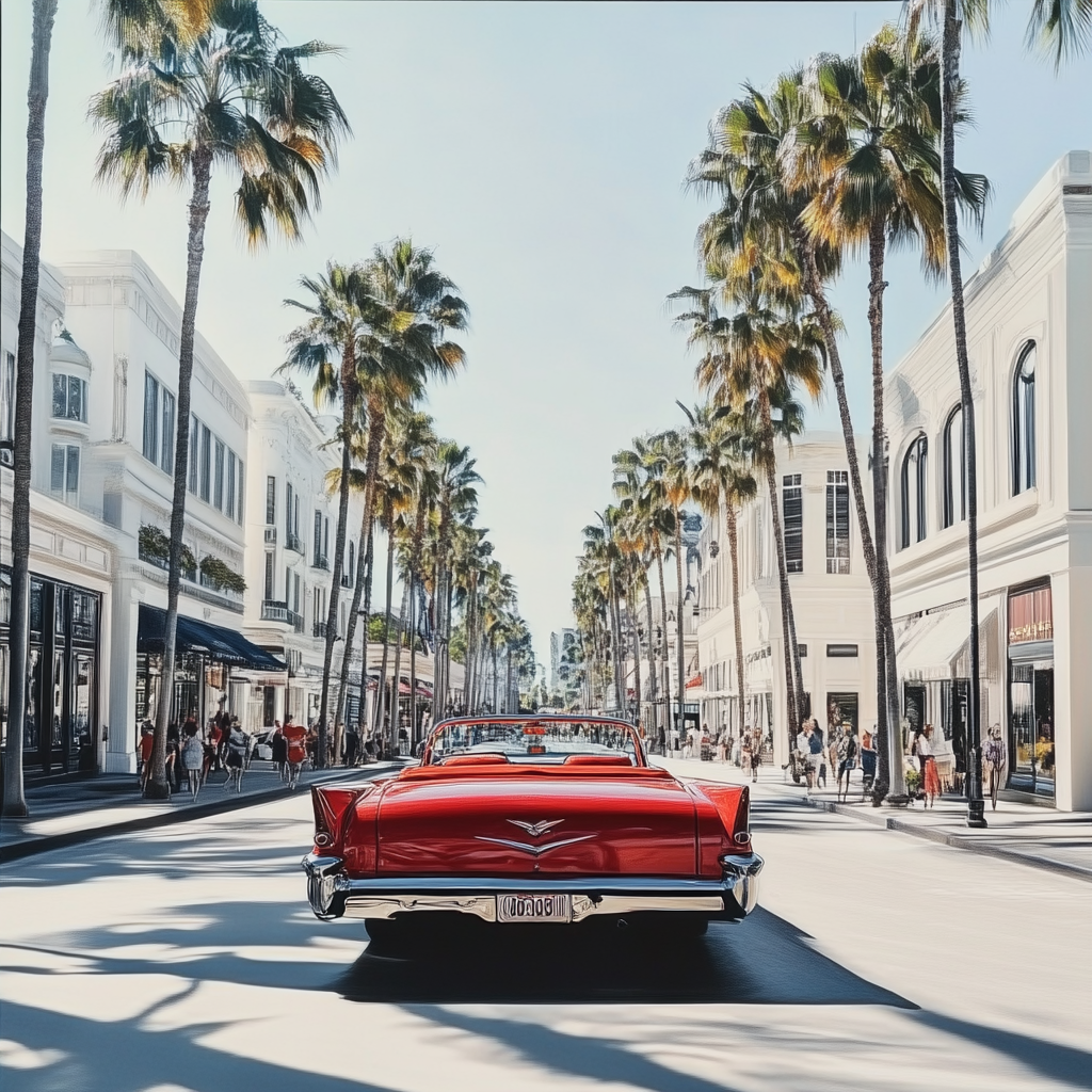 Vintage red car on Rodeo Drive - A Scene of Classic Luxury