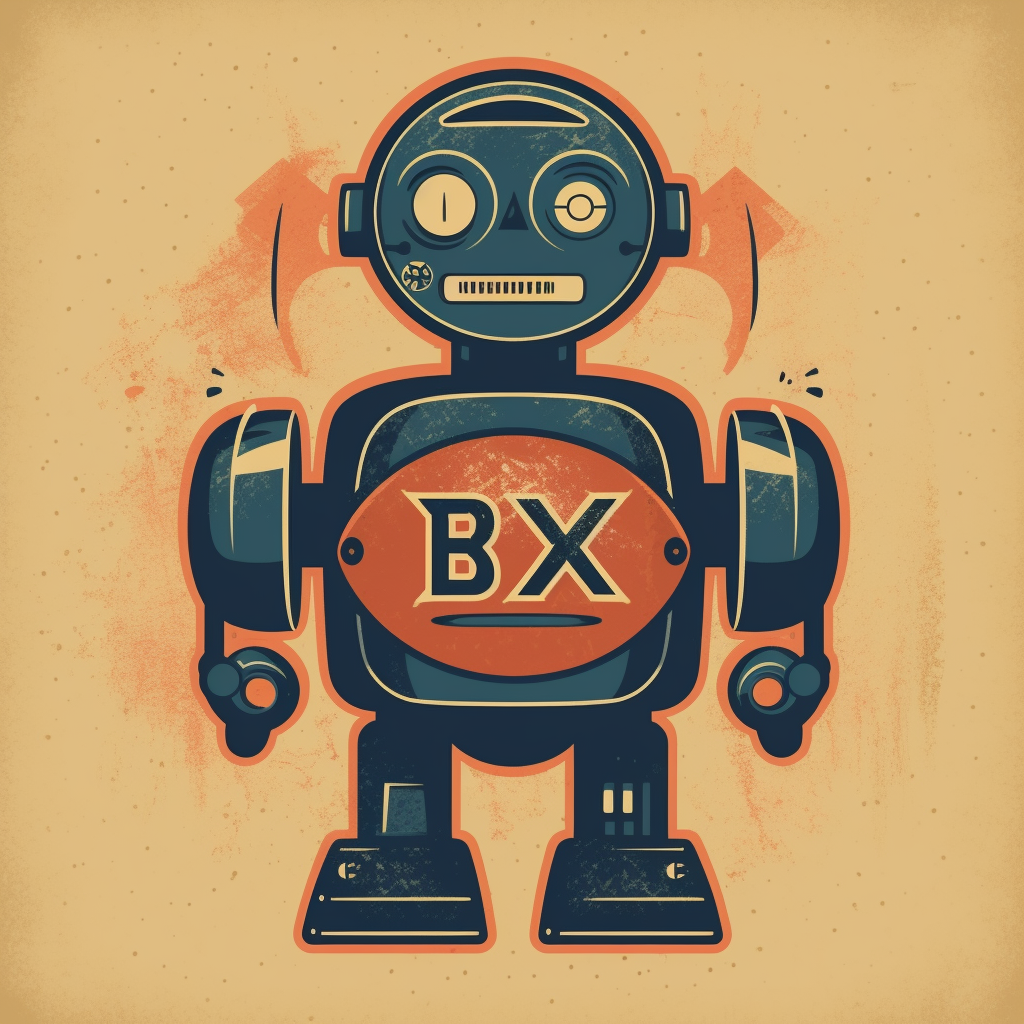 Vintage robot logo with modern '0x' symbol