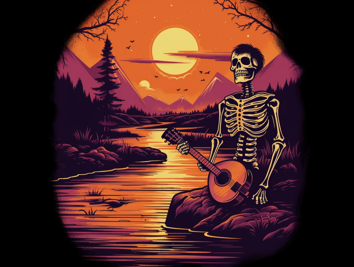 Vintage rock tee: skeleton on paddleboard at sunset.