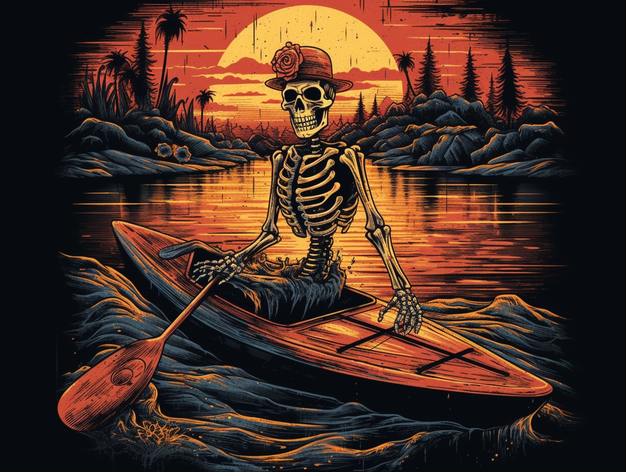 Vintage skeleton paddleboarding at sunset with rock 'n' roll vibe.