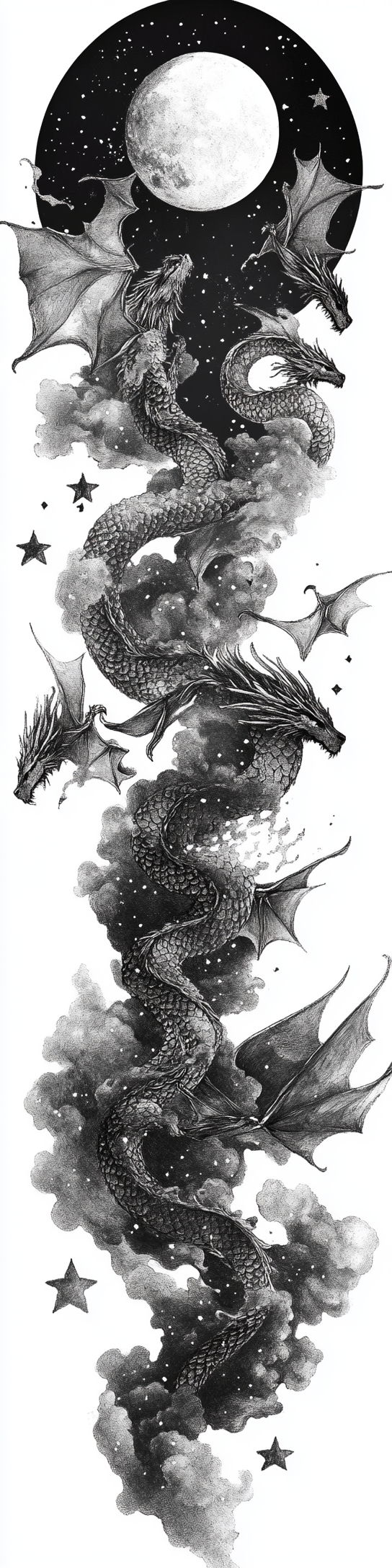 Vintage style illustration with dragons flying through smoke.