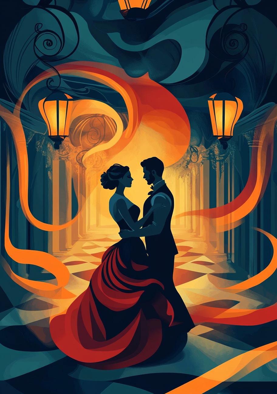 Vintage-style poster: Couple dancing at music ball