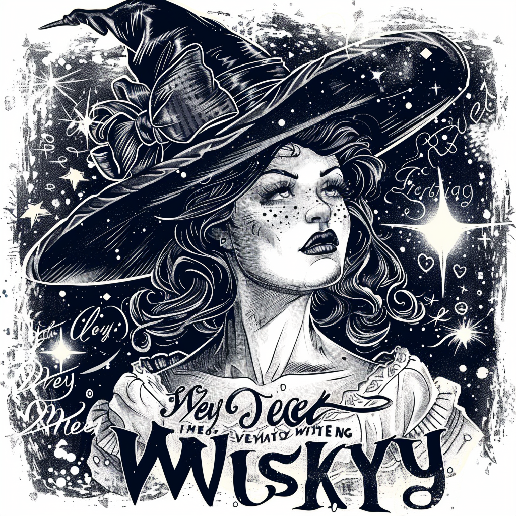 Vintage tattoo-style witch graphic with contemplative pose.