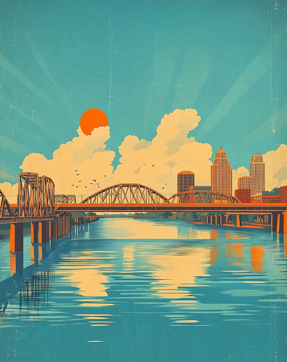 Vintage travel poster of Louisville Kentucky in summer.