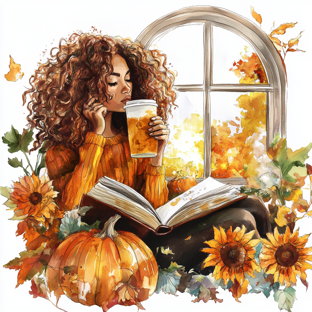 Vintage woman with curly hair drinking coffee and reading.