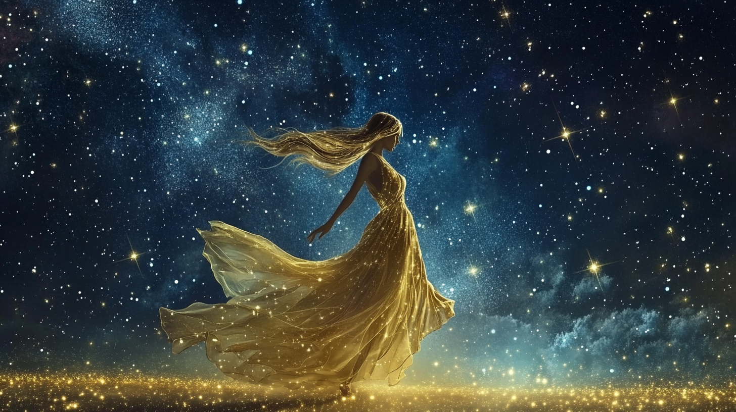 Virgo constellation illustrated in starry night sky with goddess.