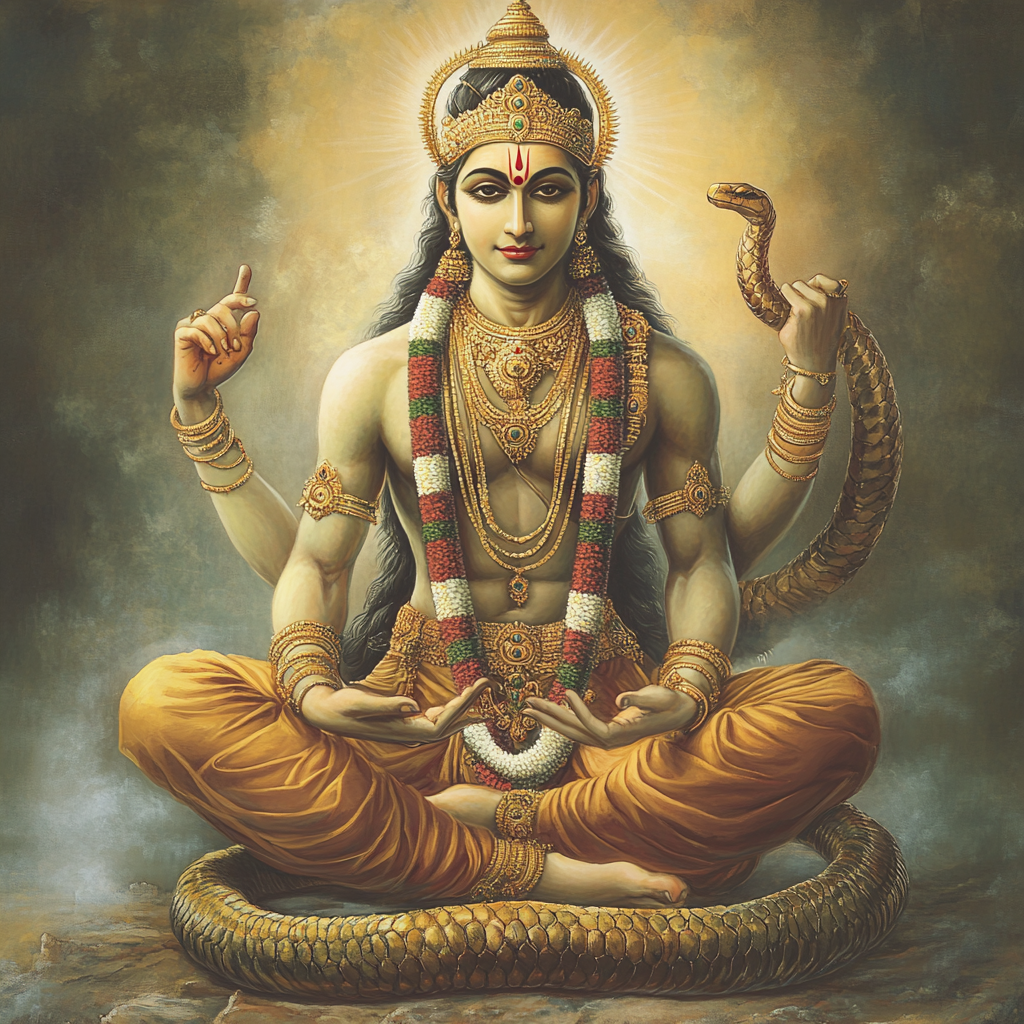 Vishnu in namaskar mudra with snake body.