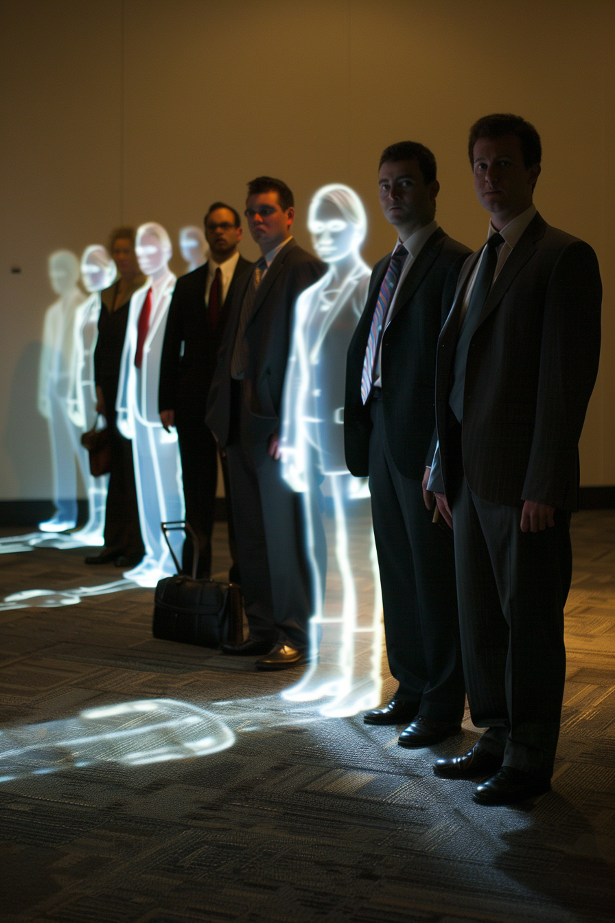 Visible silhouettes represent missing employees in corporate group photo.