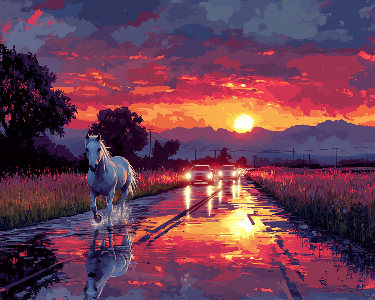 Vivid Colorful Road at Evening with White Horse