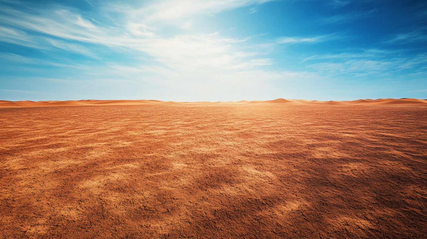 Vivid desert landscape with blue sky, red sands, shadows