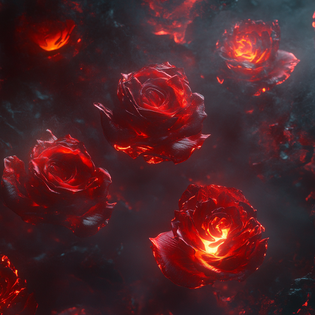 Vivid red roses floating in dark, ethereal space background.