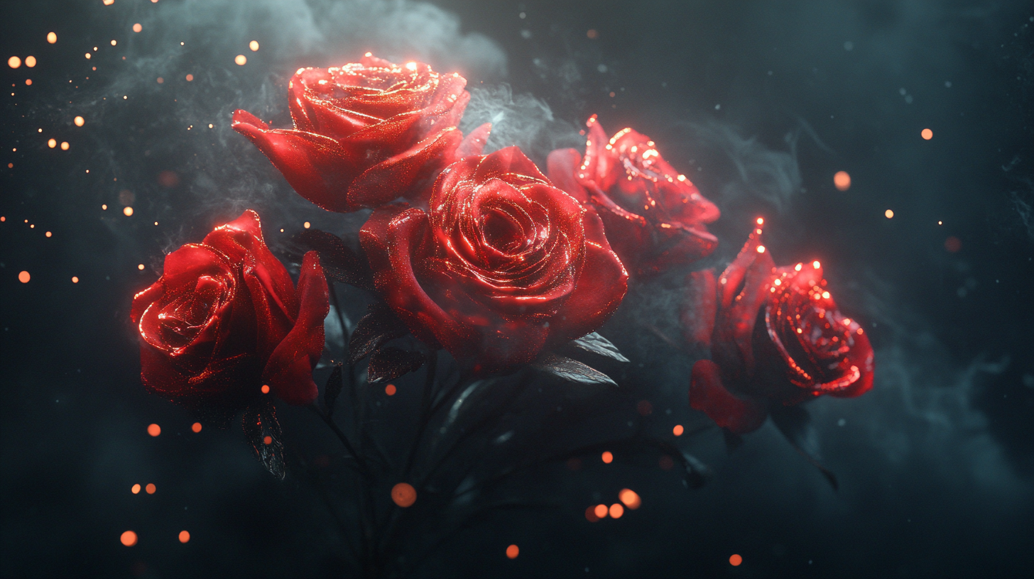 Vivid red roses glowing in dark ethereal space.