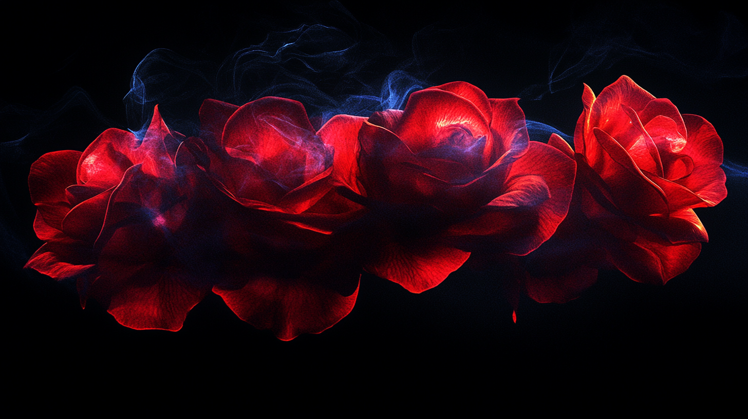 Vivid red roses in glowing light against black background.