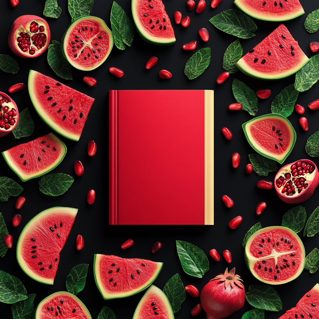 Vivid watermelon and pomegranate slices arranged on background.