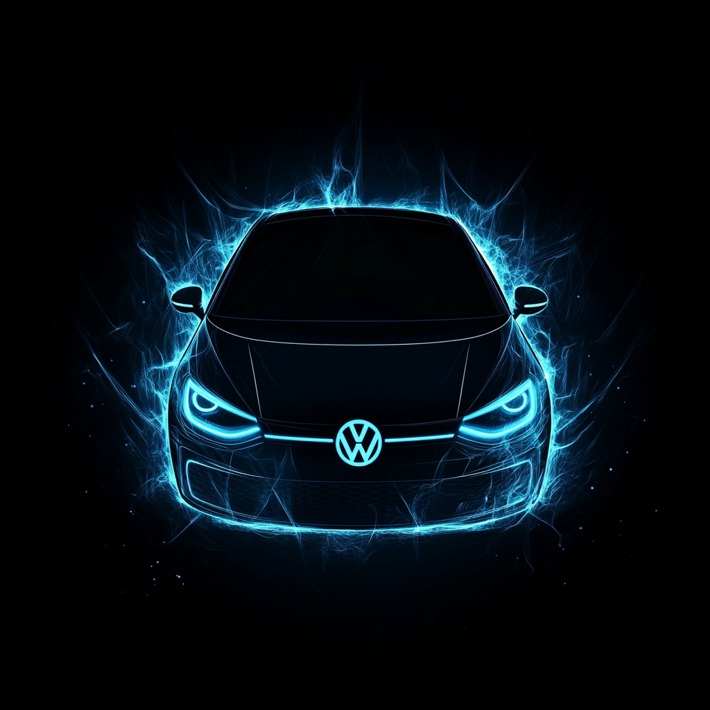 Volkswagen logo illuminated by blue pulsating energy on dark background.