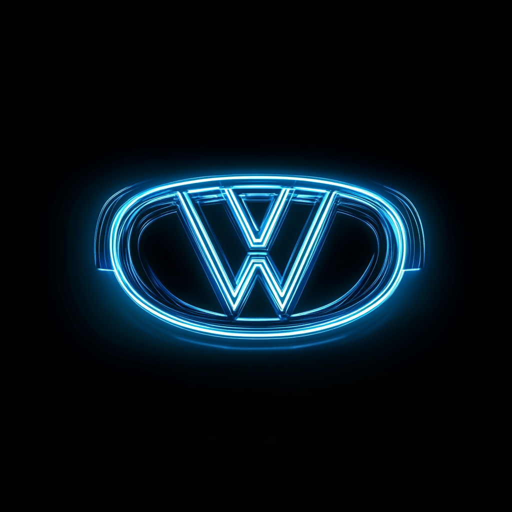 Volkswagen logo illuminated by blue pulsating energy.