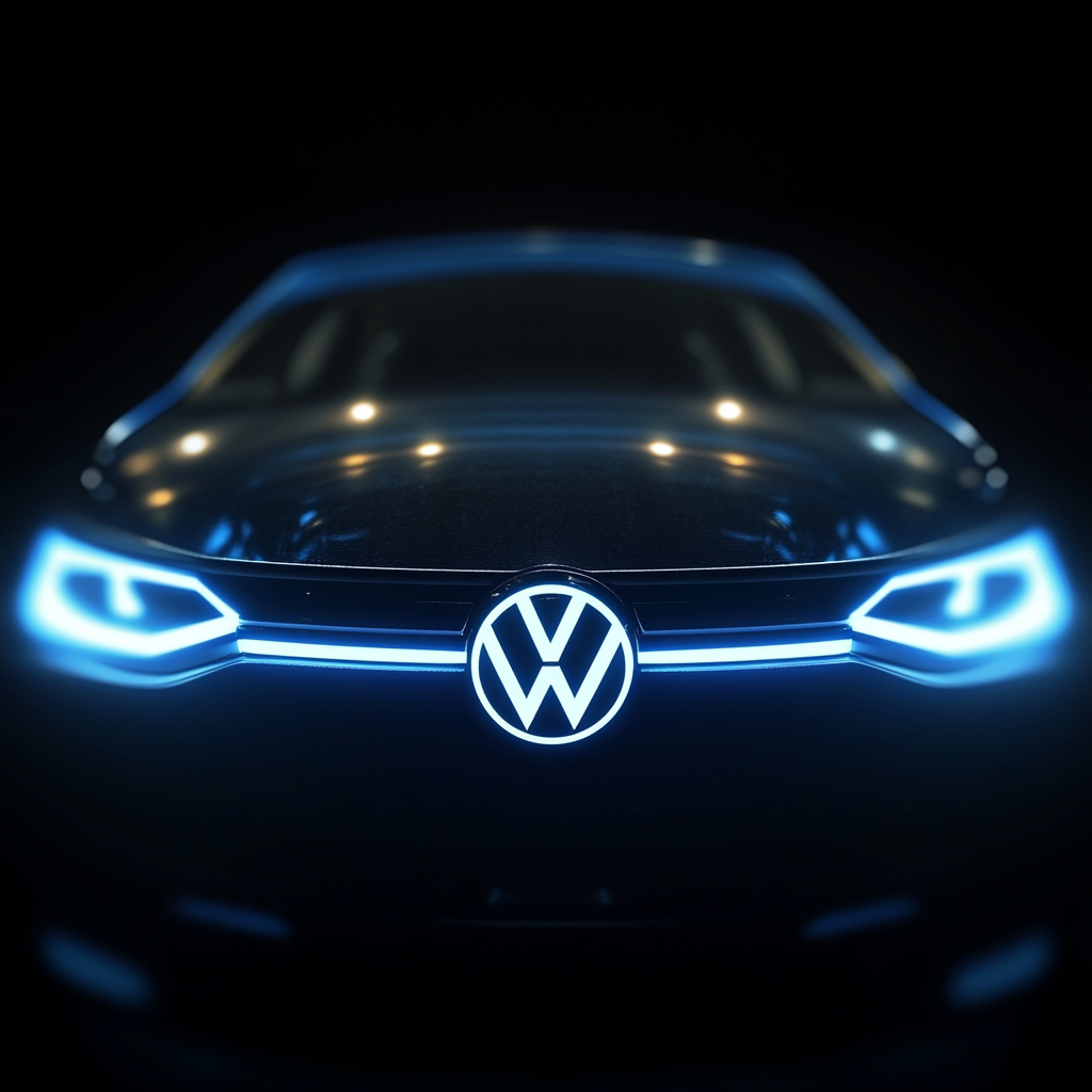 Volkswagen logo in abstract graphic style with blue energy.