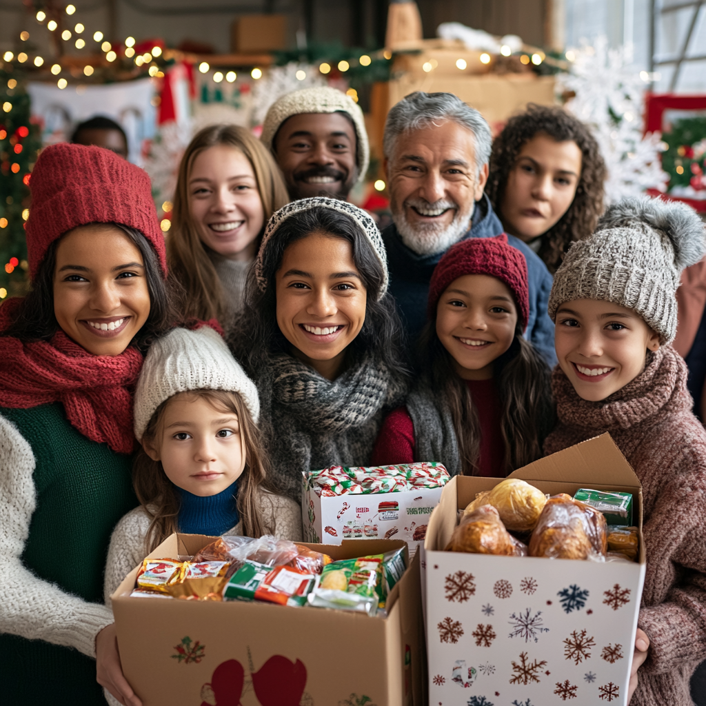 Volunteers of all ages encouraging holiday food donations.