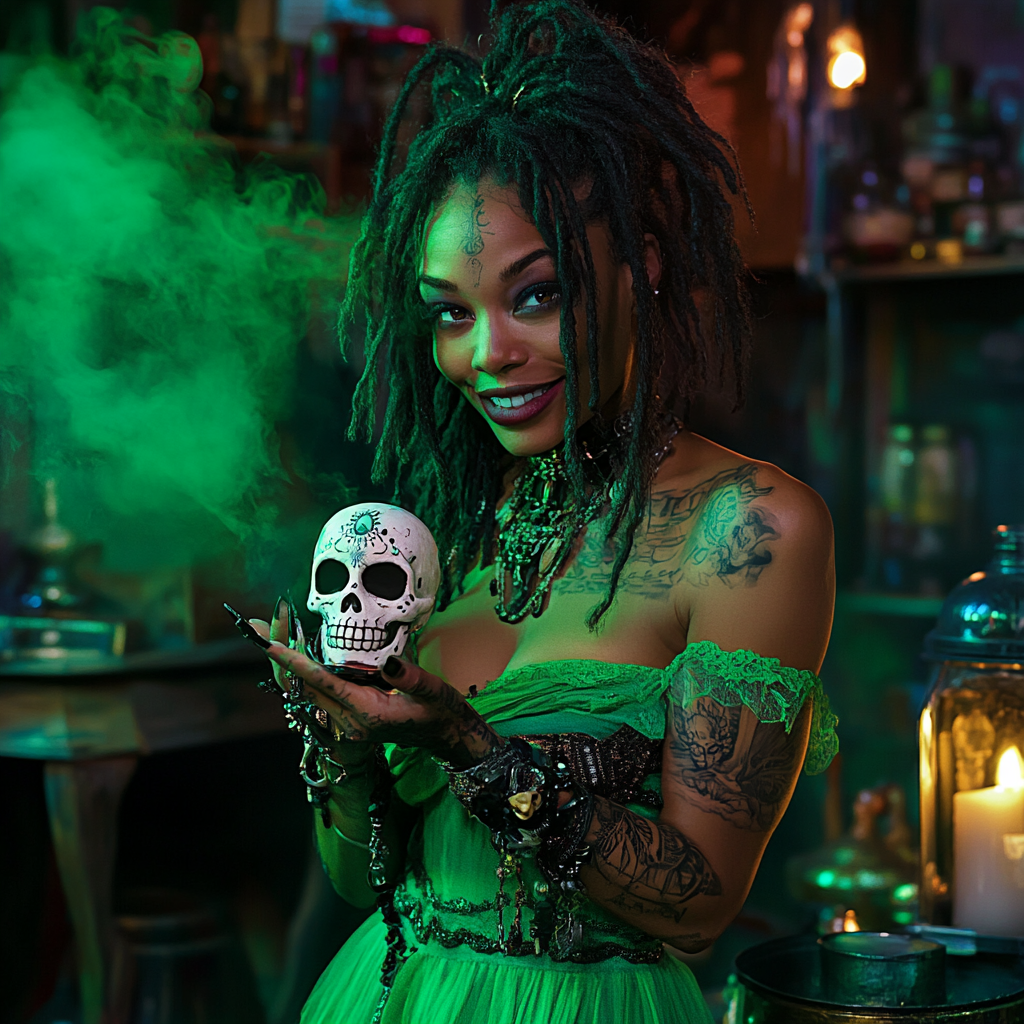 Voodoo witch with sugar skull in green dress glowing.