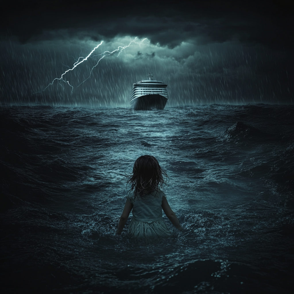 Vulnerable Girl Struggling in Ocean's Stormy Darkness