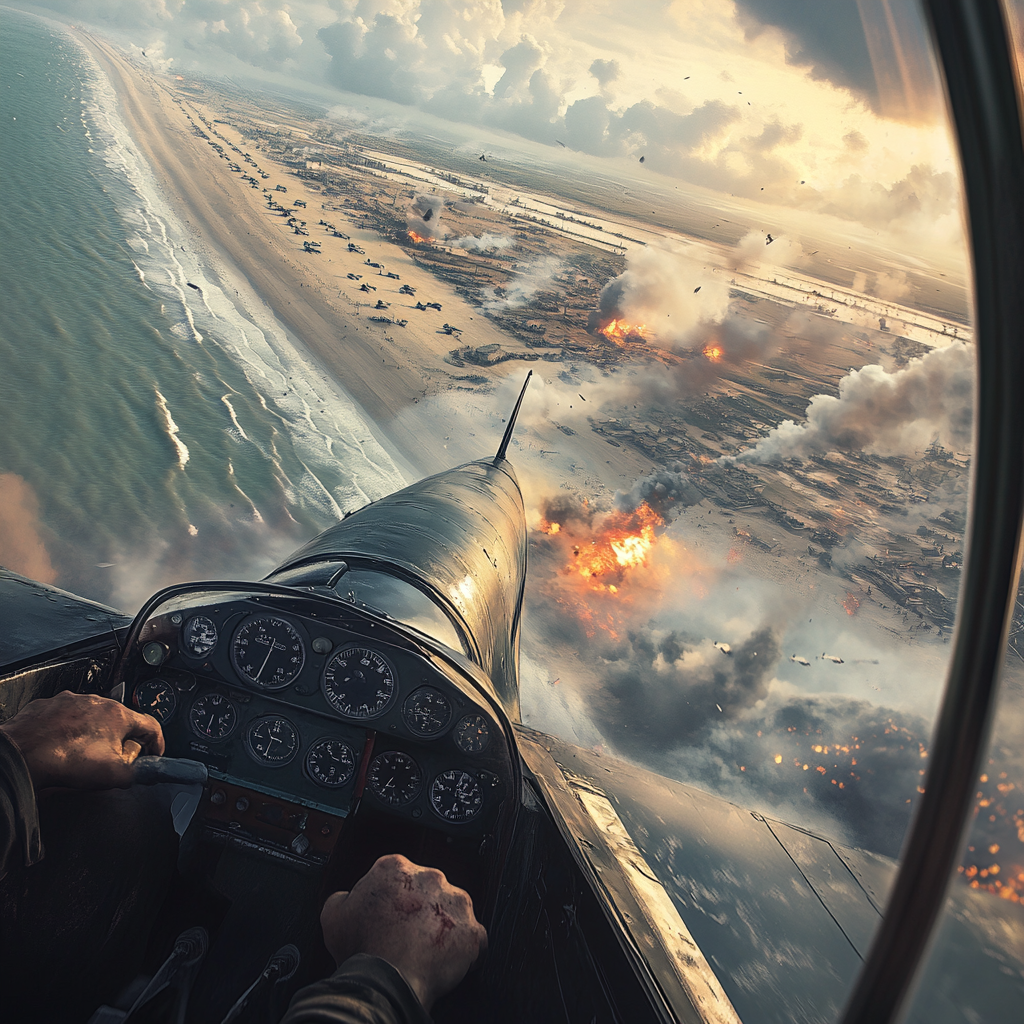 WWII scene with BF109 on strafing run at Dunkirk.