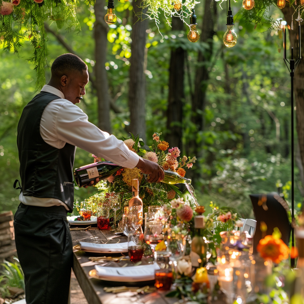 Waitstaff pouring drinks for corporate guests in forest dinner