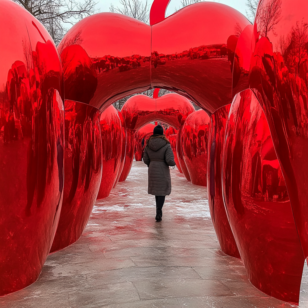 Walking through red apple walls in winter.