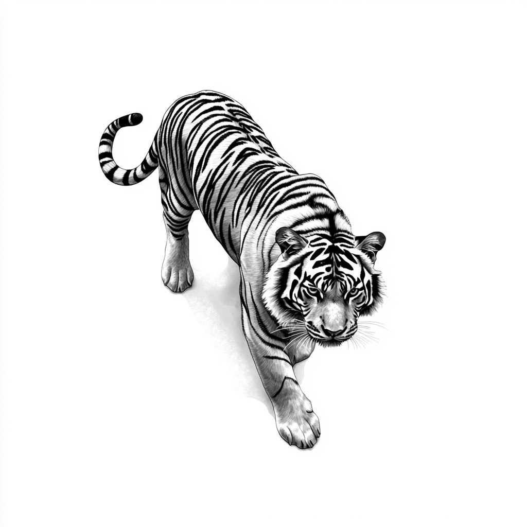 Walking tiger sketch in black and white