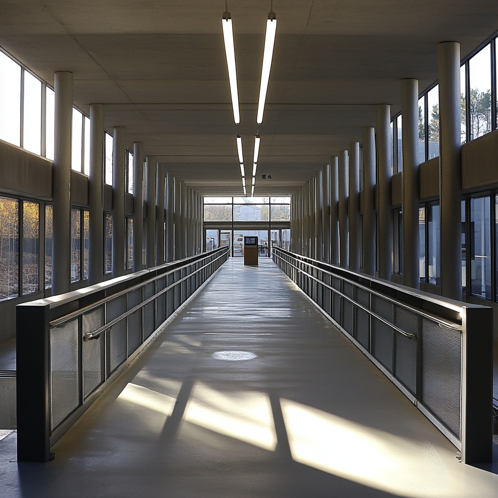 Walkways in modern building with handrails, kiosk at end.