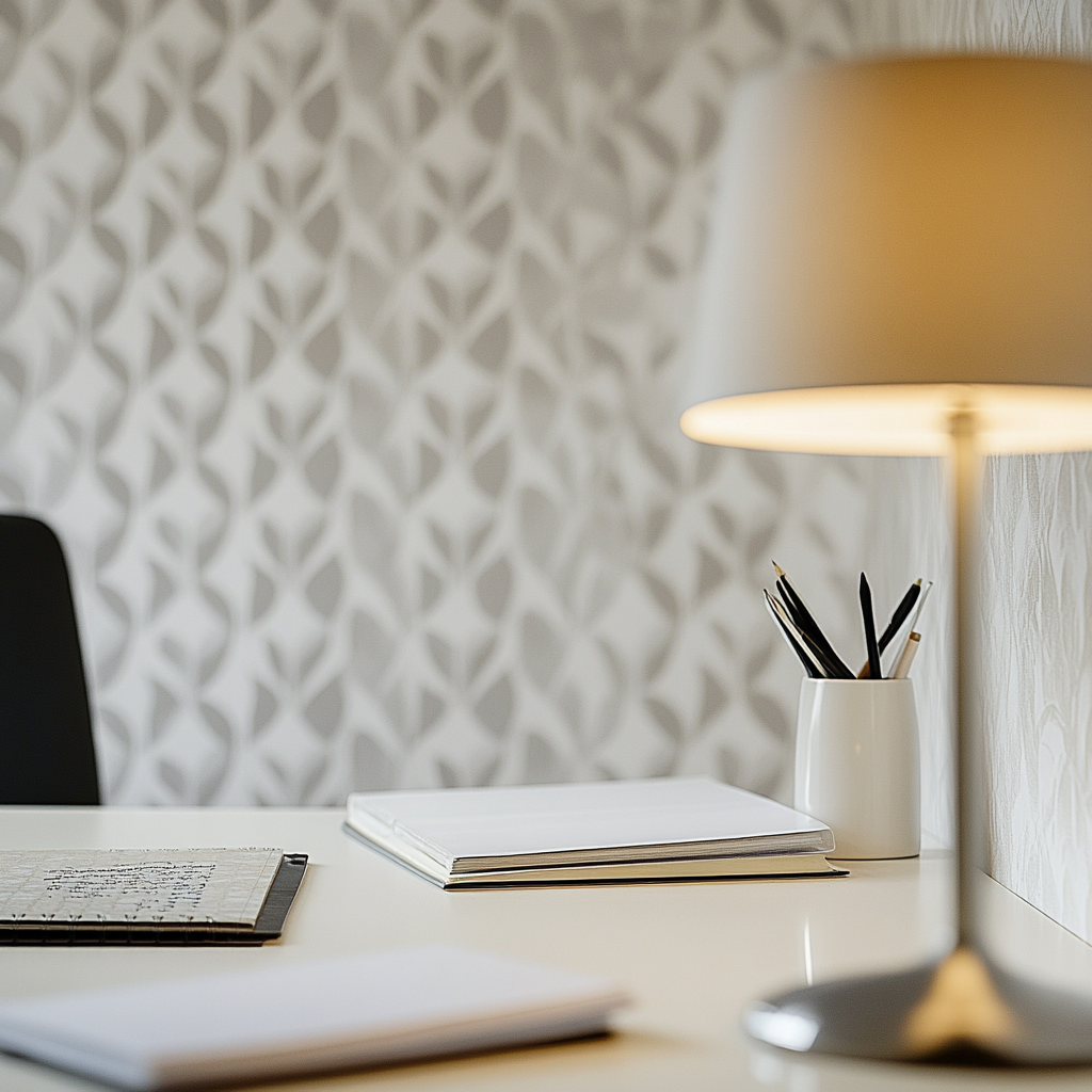 Wallpaper display area on a home office wall.