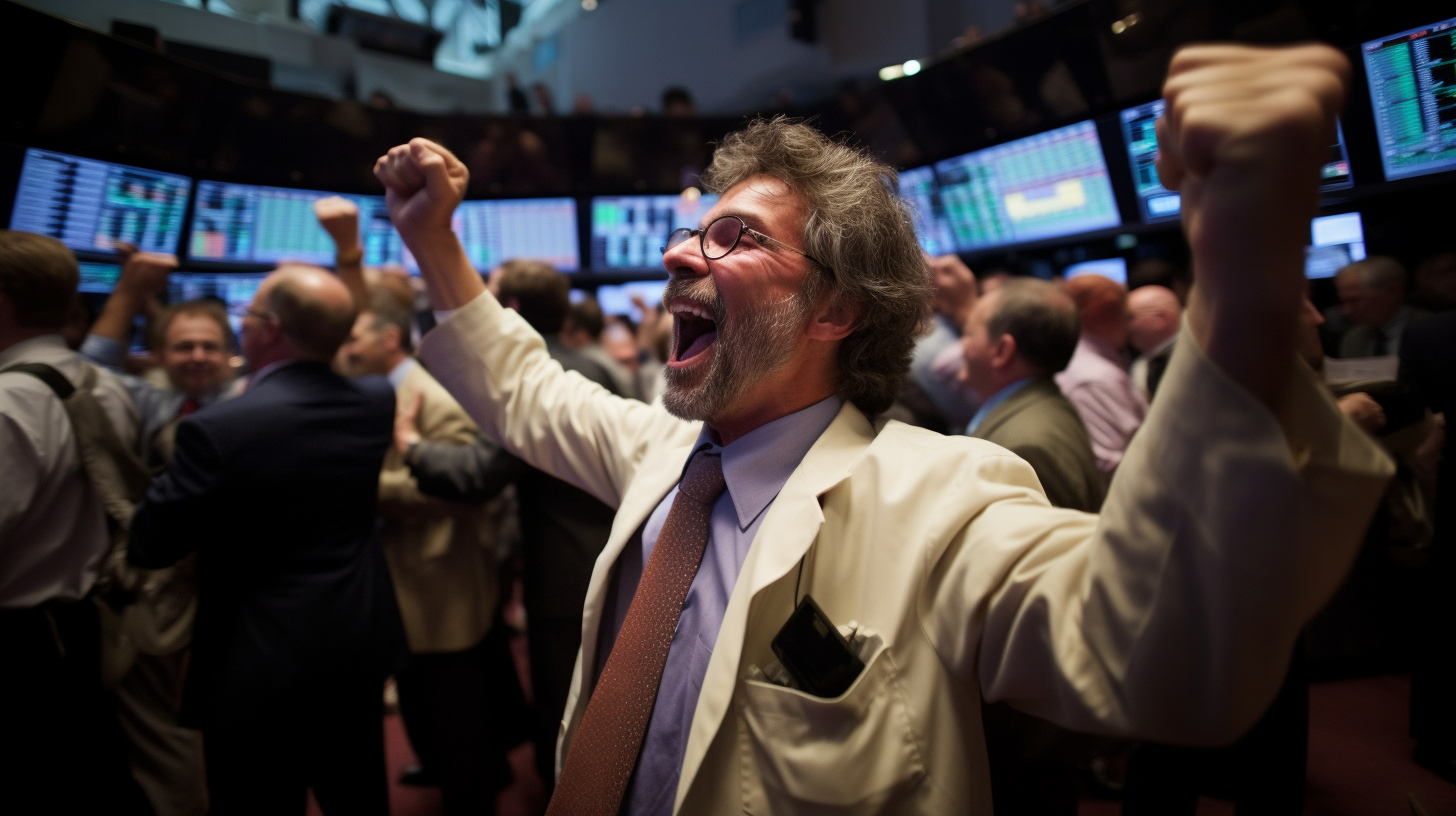 Wallstreet trader celebrating financial victory