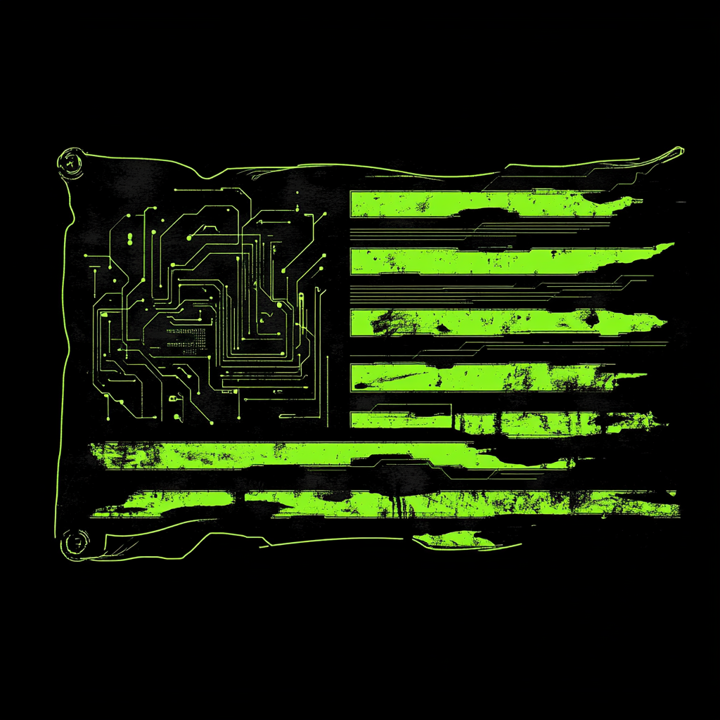 War 1 flag design with cyberpunk corpo elements.