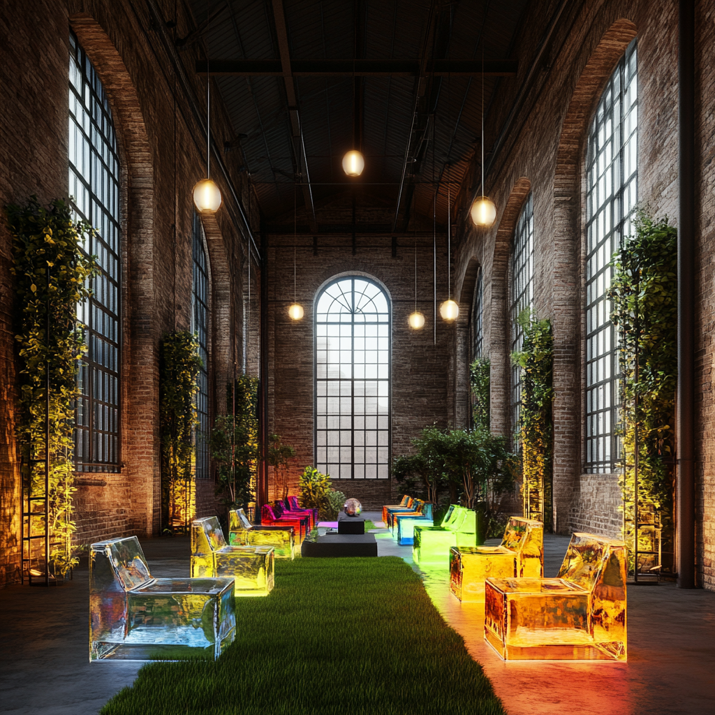 Warehouse plants encased in ice, grass floor, pendant lights