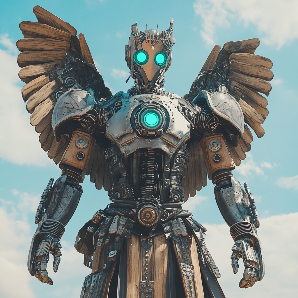 Warforged male Angel flying in the sky, glowing teal eyes.