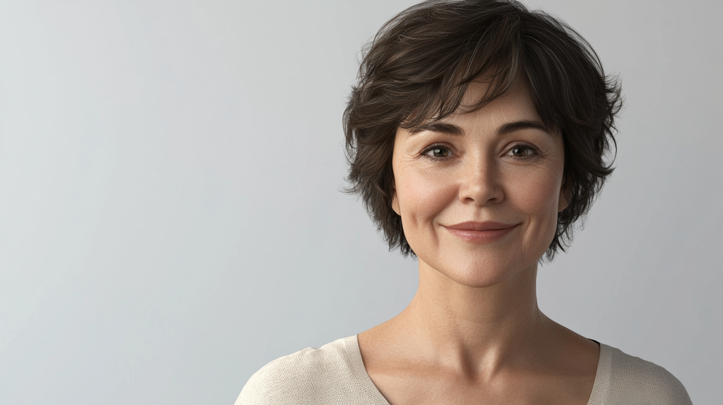 Warm, cheerful short-haired woman in casual attire.