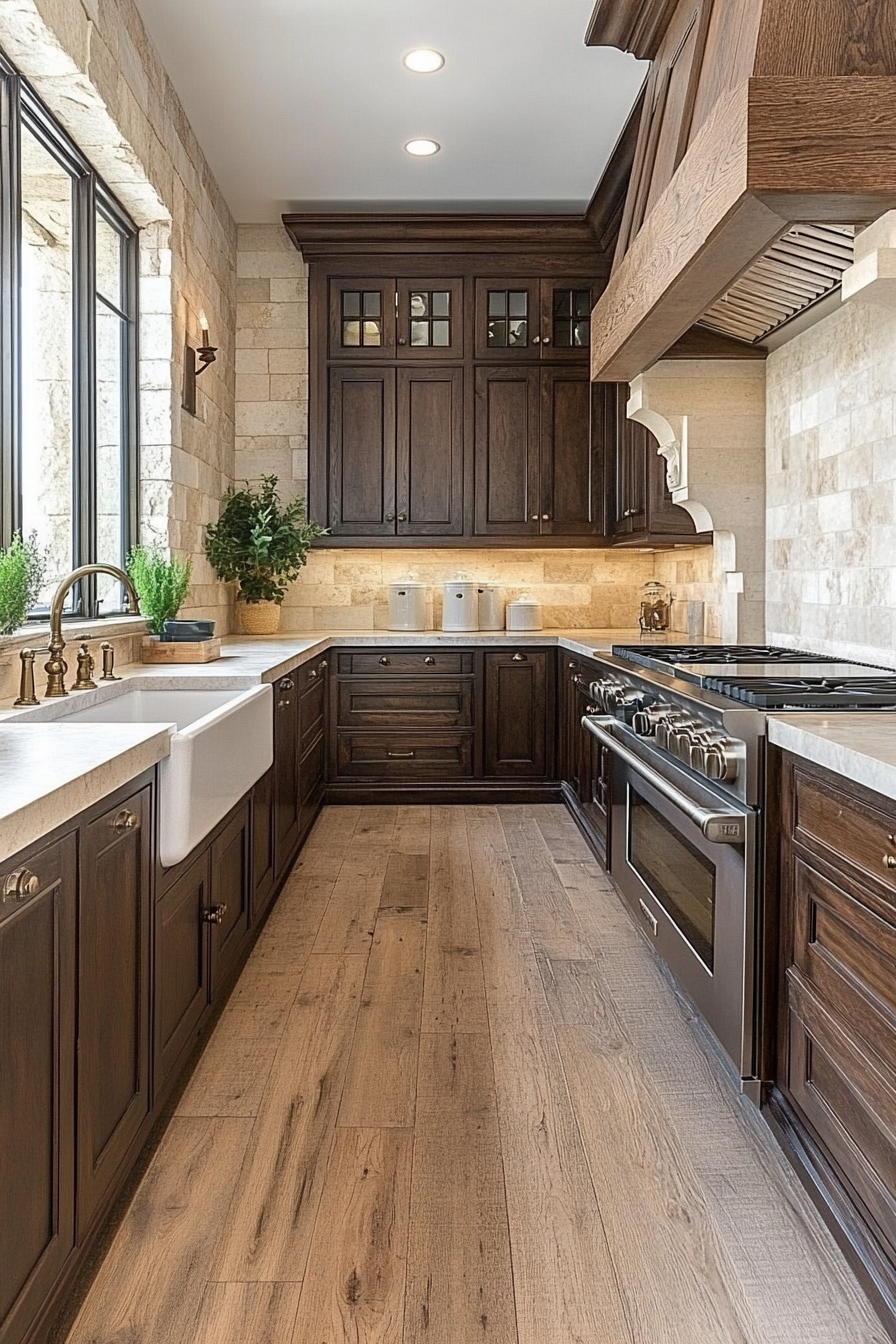 Warm Walnut Kitchen: Dark Cabinets with Green Accents