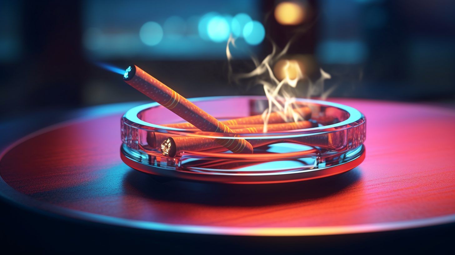 Warm ambiance with swirling smoke in elegant ashtray.