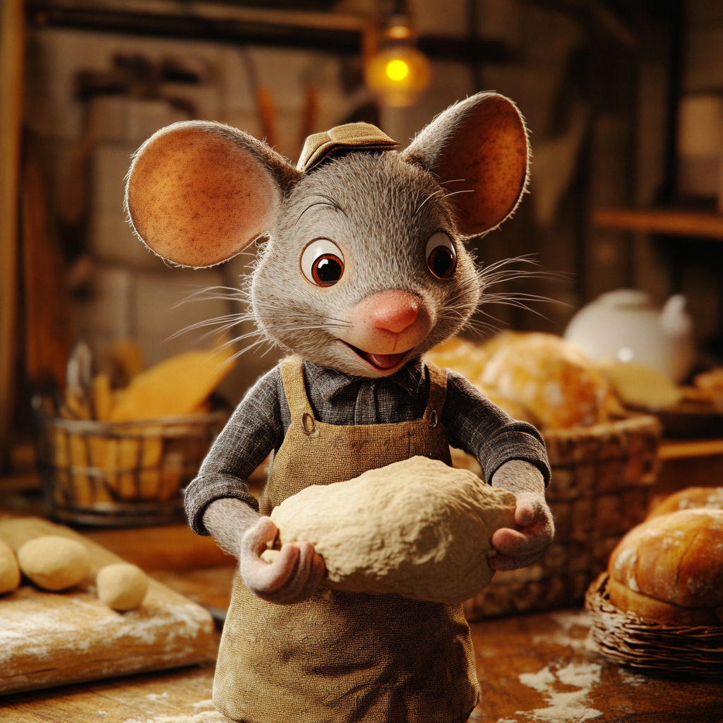 Warm bakery background with mouse baker kneading dough.