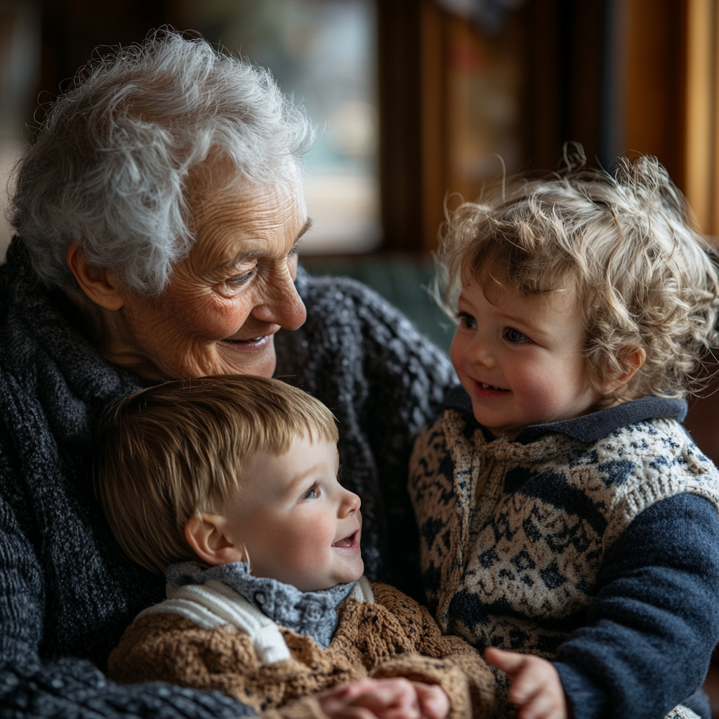 Warm family gathering with grandparents and children candidly interacting.