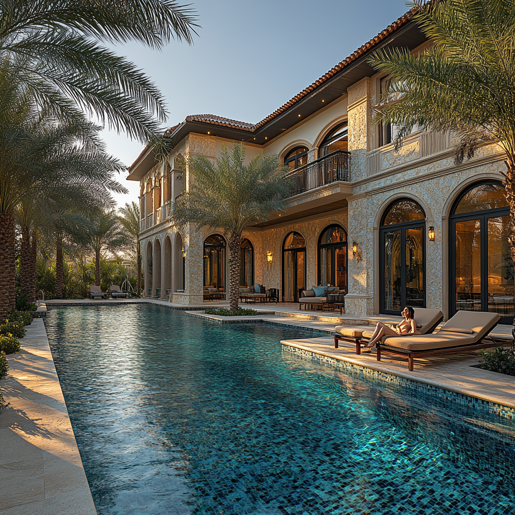 Warm golds, cool blues, luxurious pool villa shot.