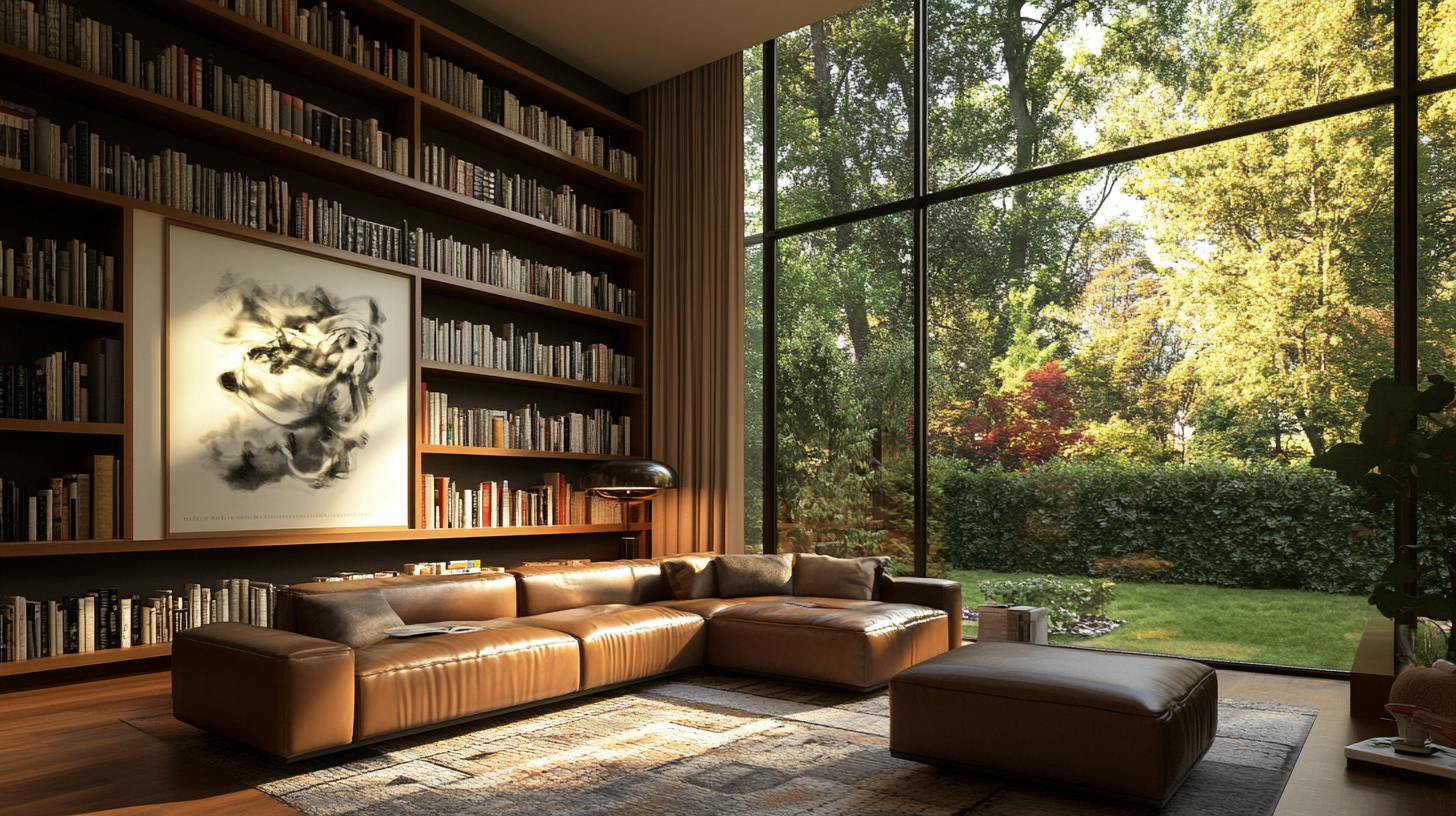 Warm mid-century modern living room with cozy ambiance.