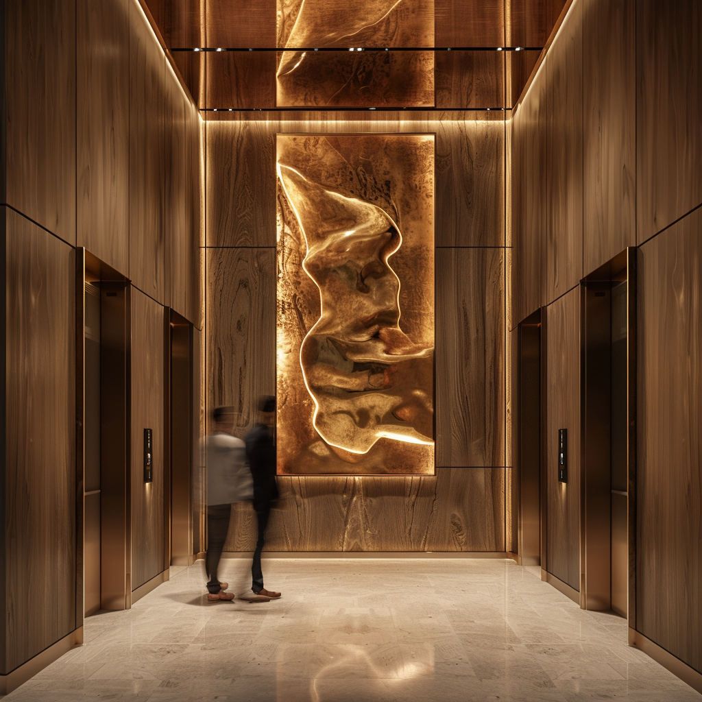 Warm oak hallway with brass sculpture and motion blur.