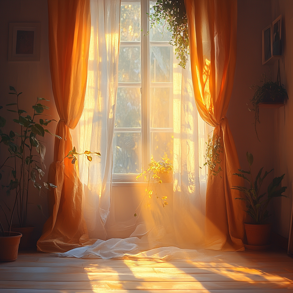 Warm sunlight through window casts tranquil room glow.