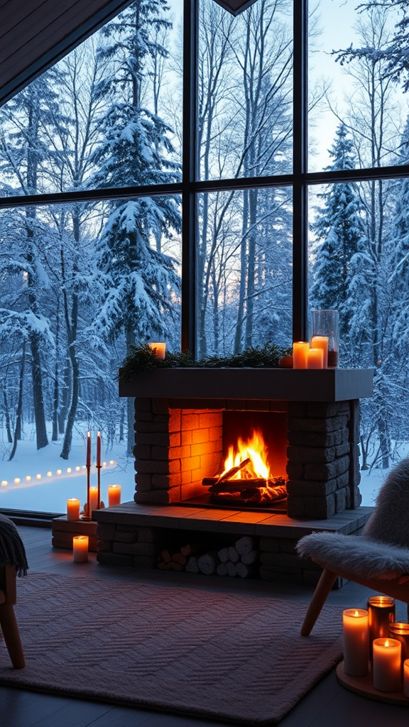 Warm winter evening in cozy forest cabin