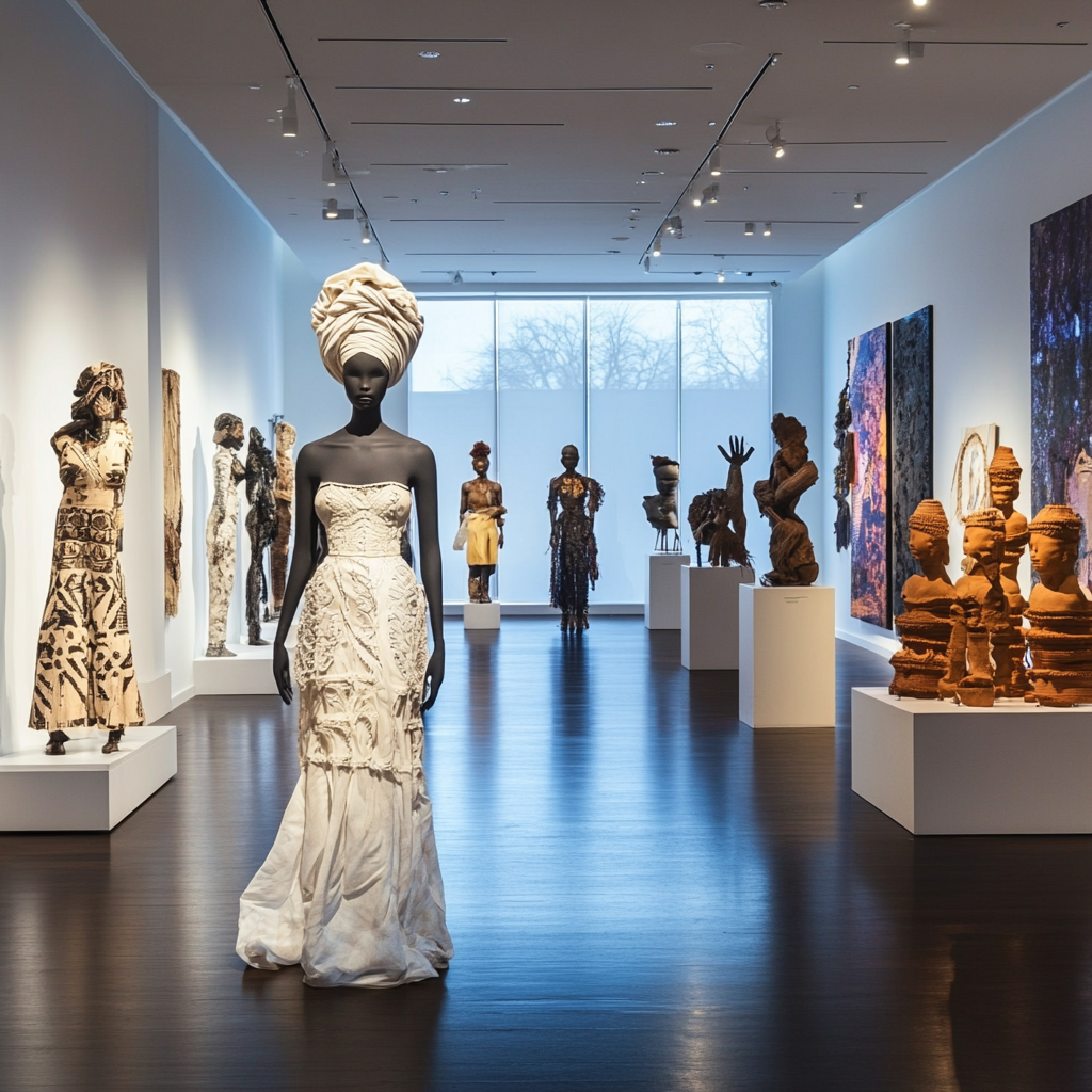 Warmly lit gallery room with fashion mannequins and clay structures.