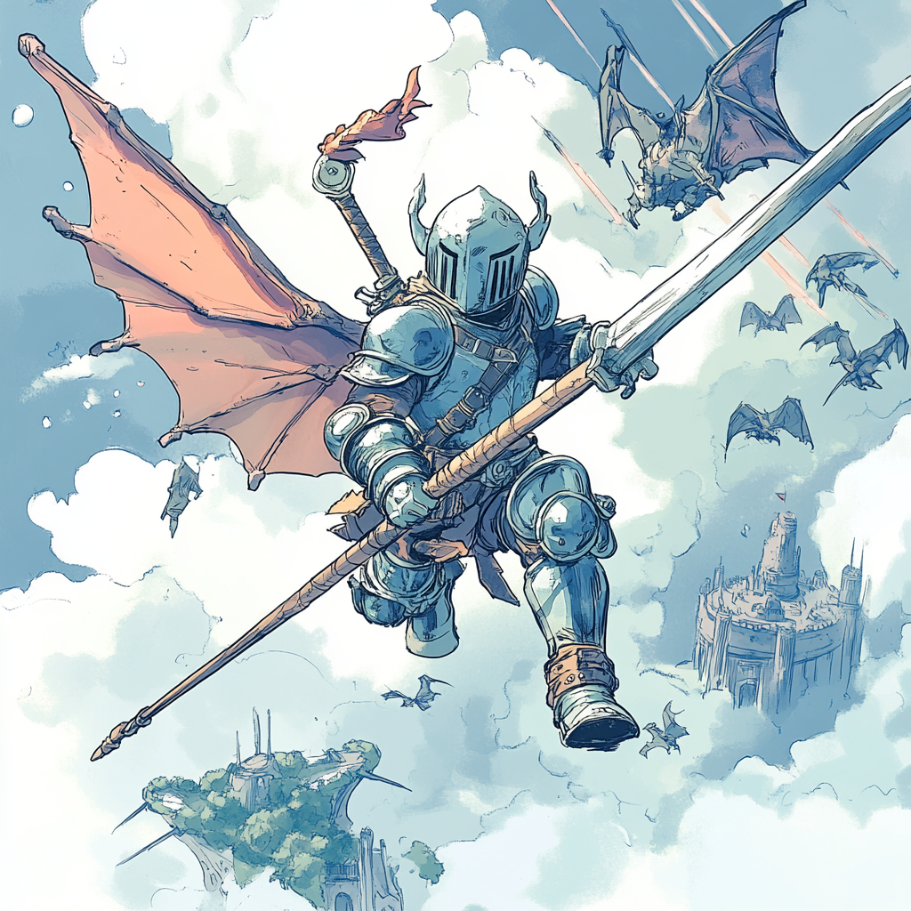 Warrior Knight in Jetpack Boots Battles Sky Dragons